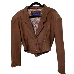Vintage 1980s Brown Leather Jacket Cropped Kangaroo Bolero Women Small Korea